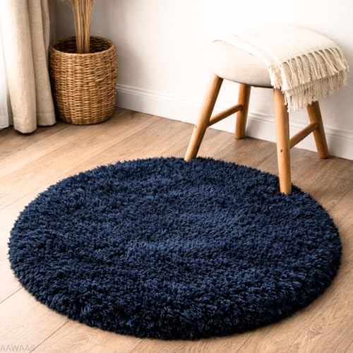Image of Premium Polyester Shaggy Round Rug - Ultra Soft Fluffy Circle Carpet for Bedroom, Living Room, Kids Room, Anti-Skid Plush Floor Rug - (Blue, 2 feet|60cm)