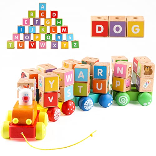 Jacootoys Kleinkind ziehen entlang Zug Holz ABC Lastwagen Set Stapelspiel Montessori Vorschule Lernen Spielzeug LKW Nachziehspielzeug ab 3 Jahre Cover