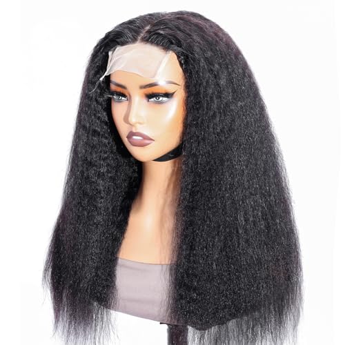 Image of Kinky Straight Human Hair Wig 4x4 Transparent Lace Closure Kinky Straight Wigs 180% Density Yaki Glueless Wigs Human Hair for Black Women Natural Black (24inch)