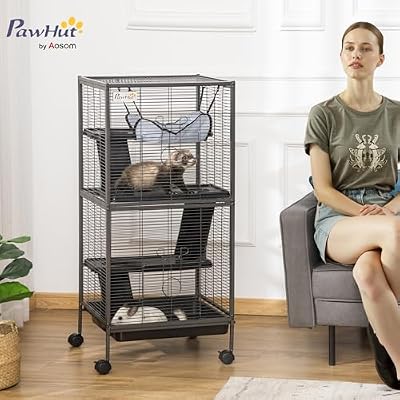 PawHut Metal Small Animal Cage, 4-Tiers Rolling Big Ferret Cage with Hammock, Removable Tray, for Chinchilla, Sugar Glider, Gray