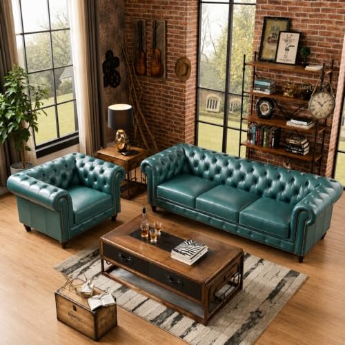 Image of Modern Classic Design Leatherette Luxury Chester Sofa Set with Button Tufted, Sofa for Living Room Home, Office, Hotel, Retaurant, Banket Hall and Lobby (Tel Green, 3+1=4 Seater Sofa)