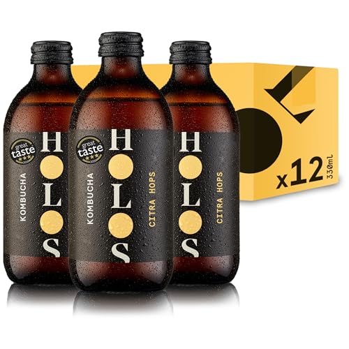 HOLOS Kombucha Drink Citra Hops - Organic Kombucha Tea - Chilled, Unpasteurised Raw Kombucha - Vegan, All-Natural Ingredients - 12 x 330ml Kombucha Bottles