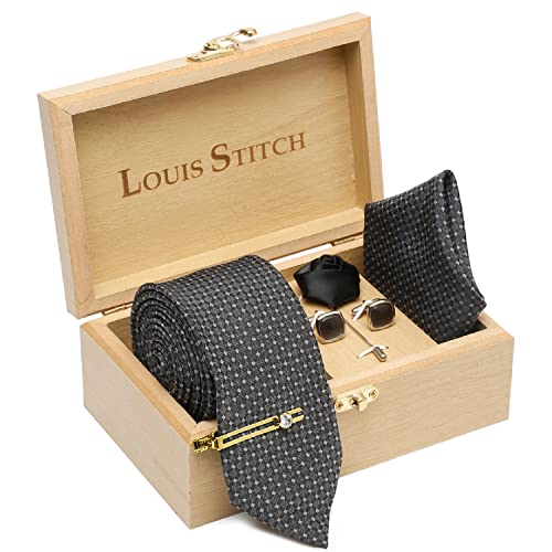 Image of LOUIS STITCH Mens Silk NeckTie Golden Tiepin Gift Combo Set With Pocket Square Cufflinks Brooch Tie Golden Tiepin (Suit Accessories) (Britain)