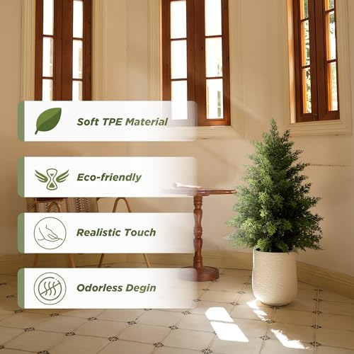 Image of 2 Pack 2ft Artificial Cedar Trees for Outdoors (UV Resistant), Potted Faux Cedar Topiary Plants for Front Porch, Realistic Evergreen Shrub for Entryway & Patio Decor