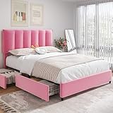 VECELO Queen Size Bed Frame with 4 Storage Drawers, Adjustable Height Headboard, Heavy-Duty Platform Bedframe with Strong Wooden Slats, No Box Spring Needed, Pink