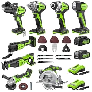 Greenworks 24V 8pcs Power Tool Combo Kit w/2 USB Batteries & (2) Chargers. 800in/lb Drill, Impact Driver,Wrench, Multi-tool, Reciprocating Saw, Circular, Brad Nailer and Flashlight