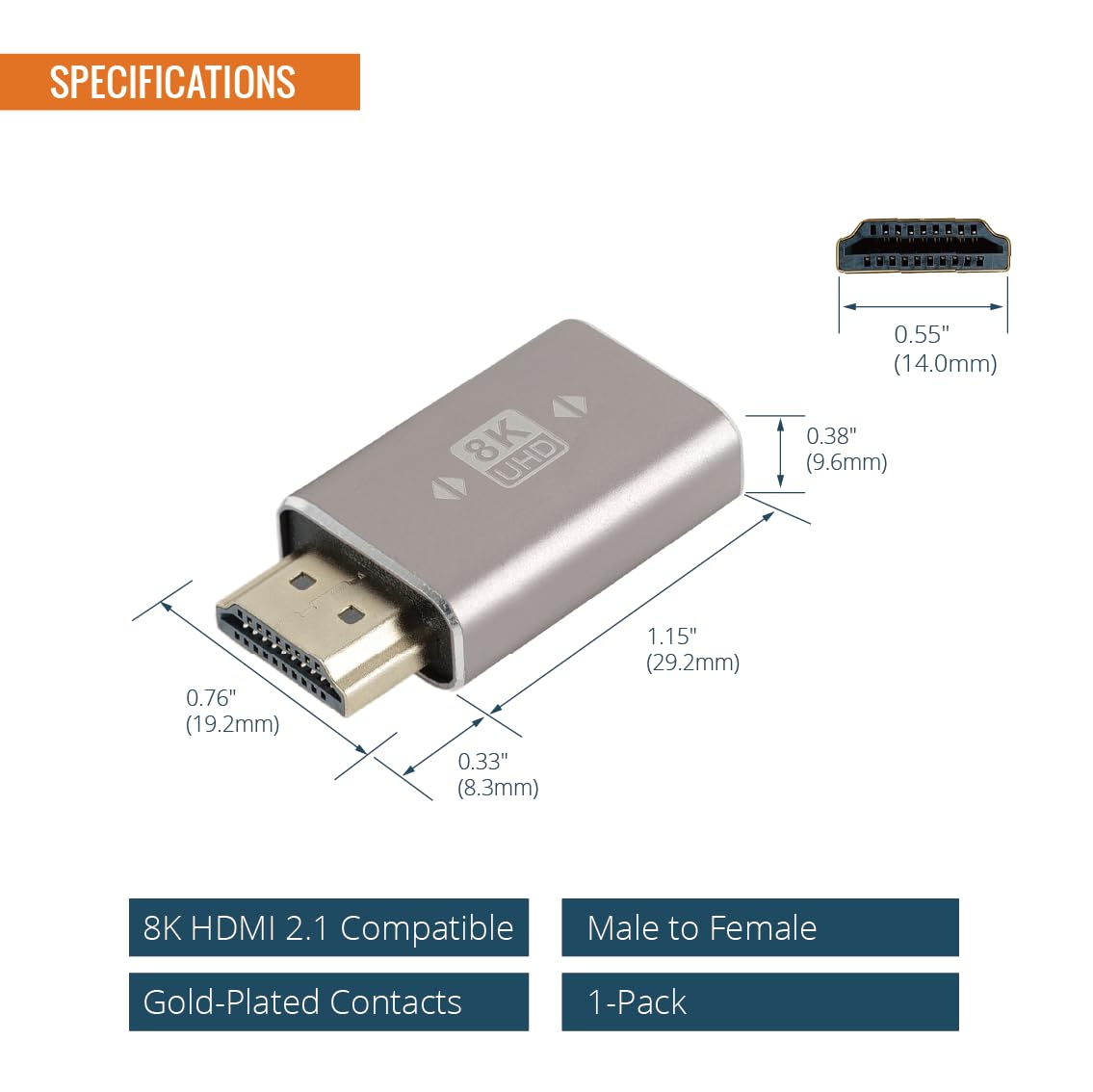 Tecmojo Adaptador HDMI 8K, adaptador de extensión HDMI 2.1 macho a hembra, compatible con 8K a 60Hz / 4K a 120Hz para laptop, PC, monitor, proyector, Roku TV, 1 paquete