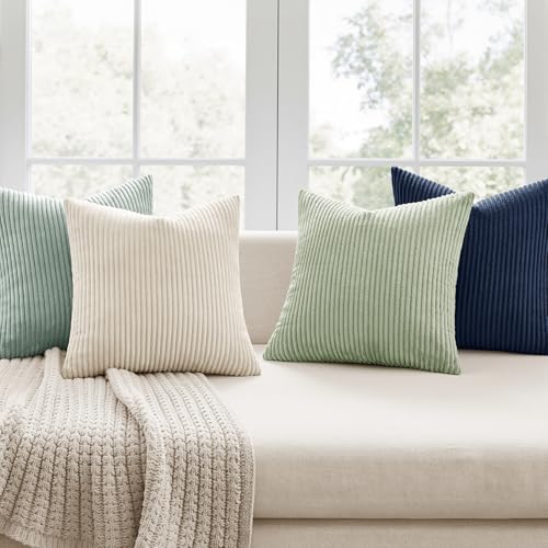 Image of MIULEE Boho Farmhouse Muted Teal Throw Pillow Covers 18x18 Inch Set of 4 Mordern Nordic Cushion Covers Soft Corduroy Spring Home Decor for Couch Bed Sofa Living Room