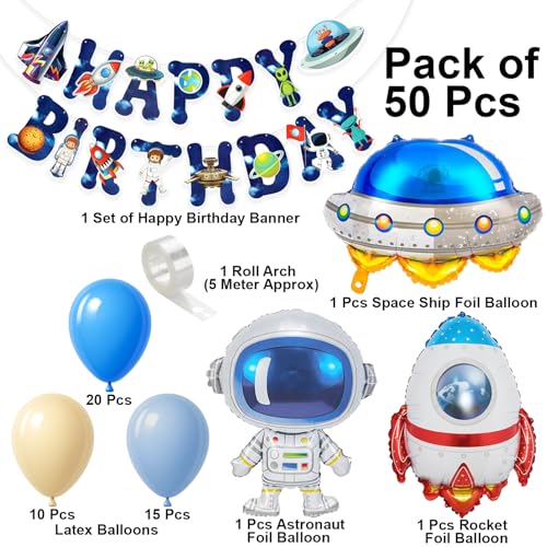 Image of Space Theme Birthday Decoration Kit for Boys & Kids - 50 Pcs Happy Birthday Banner with Rocket, Astronaut & UFO Foil Balloons Set for Space Party & Galaxy Theme Bday Decor