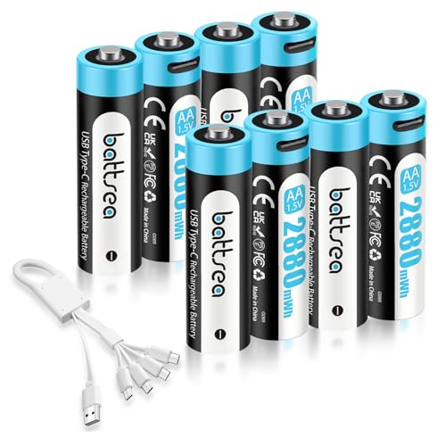 Battsea Confezione da 8 batterie AA da 1,5 V con batterie USB C AA ricaricabili USB C AA 2880 mWh 0,8 H, ricarica rapida 1600 cicli, batterie agli AA, compatibili con fotocamera