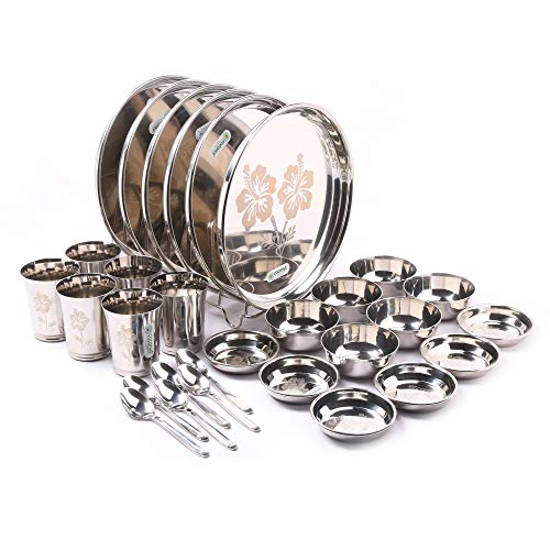 Coconut Stainless Steel ( Heavy Guage) Mirror Finish with Laser Etchhing Design Super Platina Dinner Set / Dinnerware- Family Pack of 30 Pieces Dinner Set