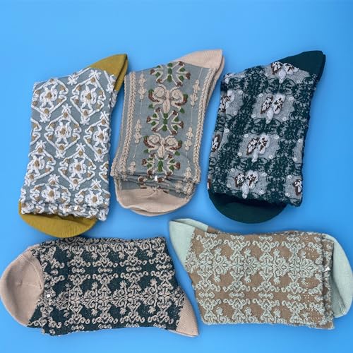 5 Pairs Women's Floral Nordic Stripe Textured Cotton Socks, Girls Vintage Cute Flower Sweet (5-E)3