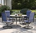 PHI VILLA 5 Piece Patio Dining Set with 4 Outdoor Swivel Dining Chairs & 1 Large Round Dining Table, All Weather Blue Textilene Mesh Fabric Chair and Round Metal Table for Deck Lawn Garden