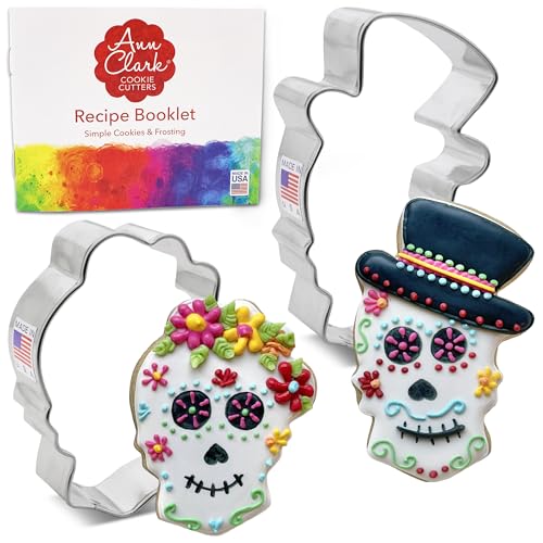 Halloween & Day of The Dead Sugar Skull Cookie Cutters 2-Pc. Set Made in the USA by Ann Clark, Sugar Skull with Flowers, and Sugar Skull with Top Hat
