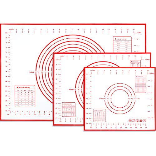 3 Pieces Silicone Baking Mat Non-slip Pastry Mat Non Stick Dough Rolling Mat Fondant Mat with Measurements for Pie Crust Pasta Pizza Cookies 10 x 12 Inch 12 x 16 Inch 16 x 24 Inch Red