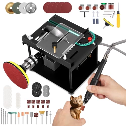 Mini sega da tavolo multifunzionale: la mini sega da tavolo ha la funzione di macinare e lucidare. Dotato di mandrino di foratura di alta qualità, gamma di serraggio da 1,5 a 10 mm, e viene fornito con carta vetrata/disco adesivo/albero flessibile, che può facilmente perforare, macinare, lucidare, incidere, ecc. È uno strumento essenziale per gli amanti del fai da te.
