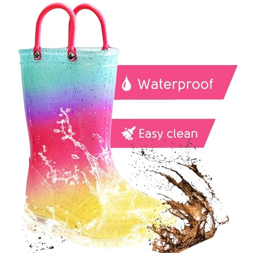 Toddler Rain Boots for Girls Boys, Light Up kids Glitter Rainboots Waterproof Shoes with Handles3