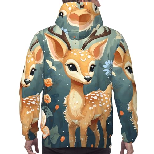 Men's Fleece Pullover Hoodie Long Sleeve Hooded Cartoon Deer Flower Sweatshirt Casual Shirts With Pockets 6