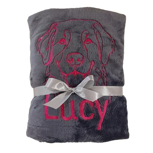 Wuff-Dogsworld Hundedecke mit Portrait Rasse und Namen Bestickt Geschenk Hundebesitzer Welpendecke Decke Hund Welpe Auto Haustier Kuscheldecke 130x170cm waschbar Sofa (grau)
