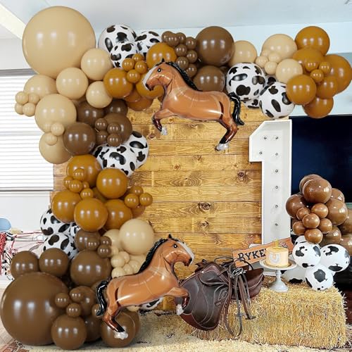 Image of 138Pcs Western Balloon Arch Garland Kit with Brown Cowboy Horse Balloons, Perfect for Boy First Rodeo, Wild West Country Birthday Decorations, And Farm Fiesta Party Decorations