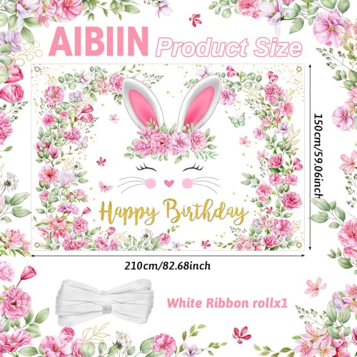 AIBIIN 7x5ft Bunny Birthday Banner Decorations for Girls,Easter Happy Birthday Banner Pink Floral Rabbit Spring Photo Backdrop Poster Photography for Kid Bunny Birthday Party Supplies Decor by AIBIIN - Used condition - Image 2