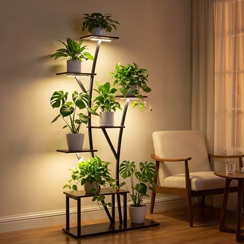Image of Quikraen 7 Tier Tall Plant Stand with Grow Light For Indoor Plants Growing 60in Indoor Flower Stand Tree-Shaped Plant Shelves for Living Room Patio Black
