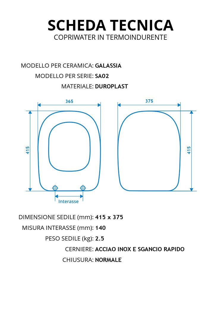 Copriwater per GALASSIA SA02 come ORIGINALE TERMOINDURENTE BIANCO cerniera inox normale