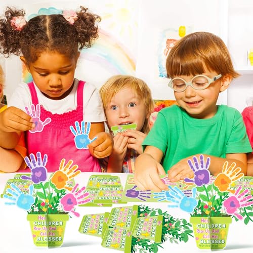 WATINC Mother’s Day Handprint Flowers Craft - Make Mothers Day Handprints Flower Pot Gift Crafts Kit for Kids, DIY Christian Bible Verse Floral Decor for Sunday School Classroom Fun Activities (56Pcs) - Thumbnail 5