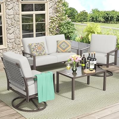NATURAL EXPRESSIONS Patio Furniture Set,4 Piece Outdoor Conversation Metal Swivel Rocking Chairs Set with Hand-Woven Rope High Back,Sturdy Hand Brushed Wood Grain Finish Frame,6" Cushions for Yard