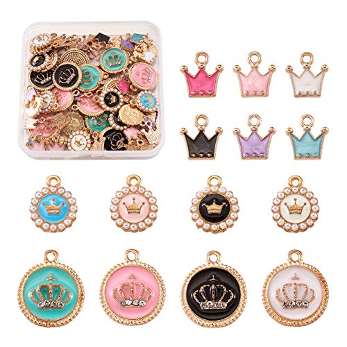 Cheriswelry 68pcs Alloy Enamel Flat Round Crown Pendants Resin Rhinestone King Crown Dangle Charms Golden Plated for DIY Jewellery Bracelet Making