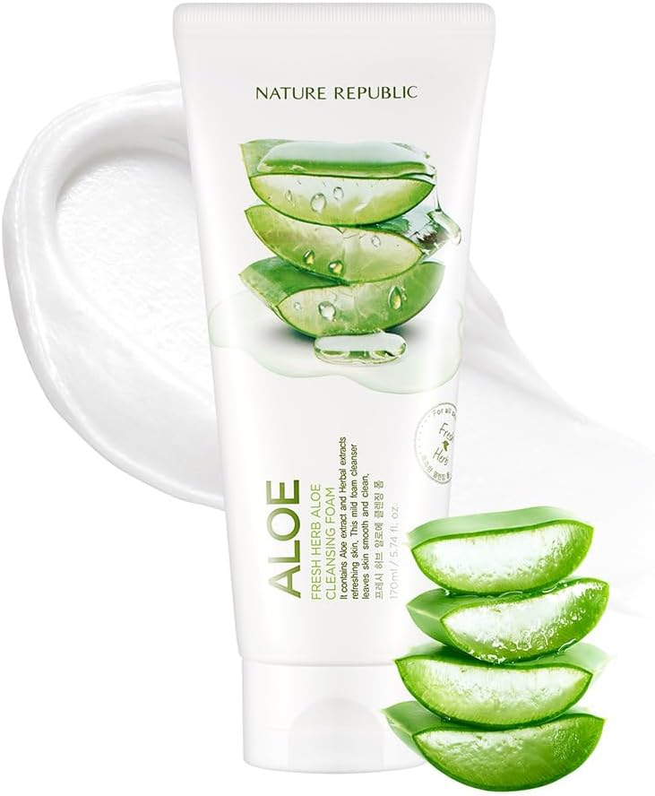Nature Republic Fresh Herb Aloe cleansing foam Hydration & Moisturizing daily Makeup Remover, Nighttime Foaming Pore Cleansing aloe face wash,Korean Skin Care for All Skin Types 170ml / 5.74 fl Oz