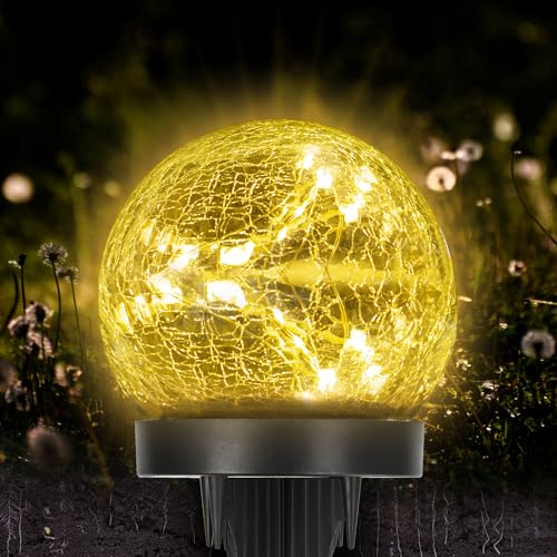 LQWELL Lampada solare da terra, lampada solare da giardino a sfera in vetro craquelé per esterni, bianco caldo 3000K, impermeabile IP65 per prato, balcone, vialetto, decorazione da giardino