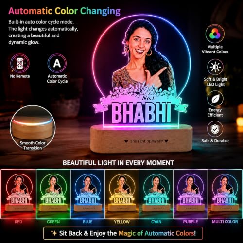 Image of ZOCI VOCI Personalized Rakhi Gift for Bhabhi, Custom UV Printed LED Photo Lamp, RGB Smooth Color Changing Acrylic Night Lamp, Customized Photo Gift for Sister-in-Law, Rakshabandhan Gift