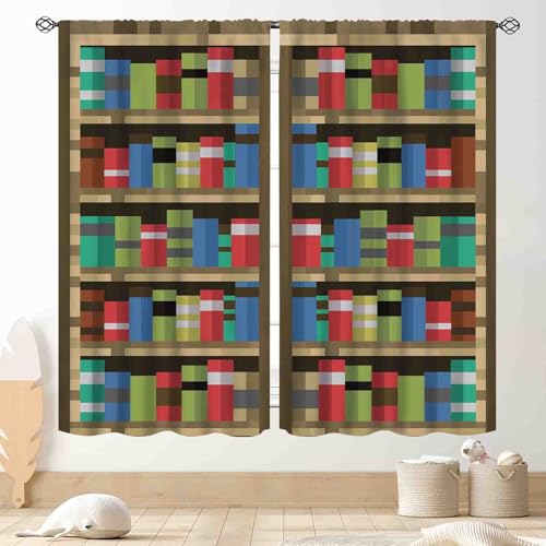 Pixelated Bookshelf Curtains, Pixel Print Game Theme Anime Bookcase Educational Window Drapery Treatments for Kids Boys Girls Teen Bedroom Living Room Classroom Nursery, 42'x45' Inch