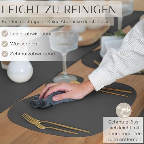 Mahewa® 6er Set Premium Tischset aus Kunstleder - Platzset abwaschbar und wasserdicht - Platzdeckchen Telleruntersetzer in Lederoptik (Dunkelgrau, Oval)