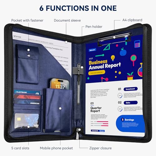 Image of Zippered Padfolio Organizer, WRIYES Leather Planner Binder, 10.2 Inch Portfolio Folder for Documents, Letter Size Business Card Holder for Men&Women (Blue)
