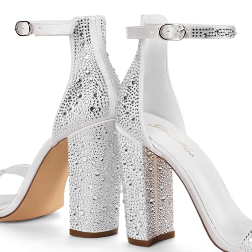 Image of GENSHUO Women's 4-inch Chunky High Heel Sandals with Ankle Strap,Party Wedding Bridal Shoes