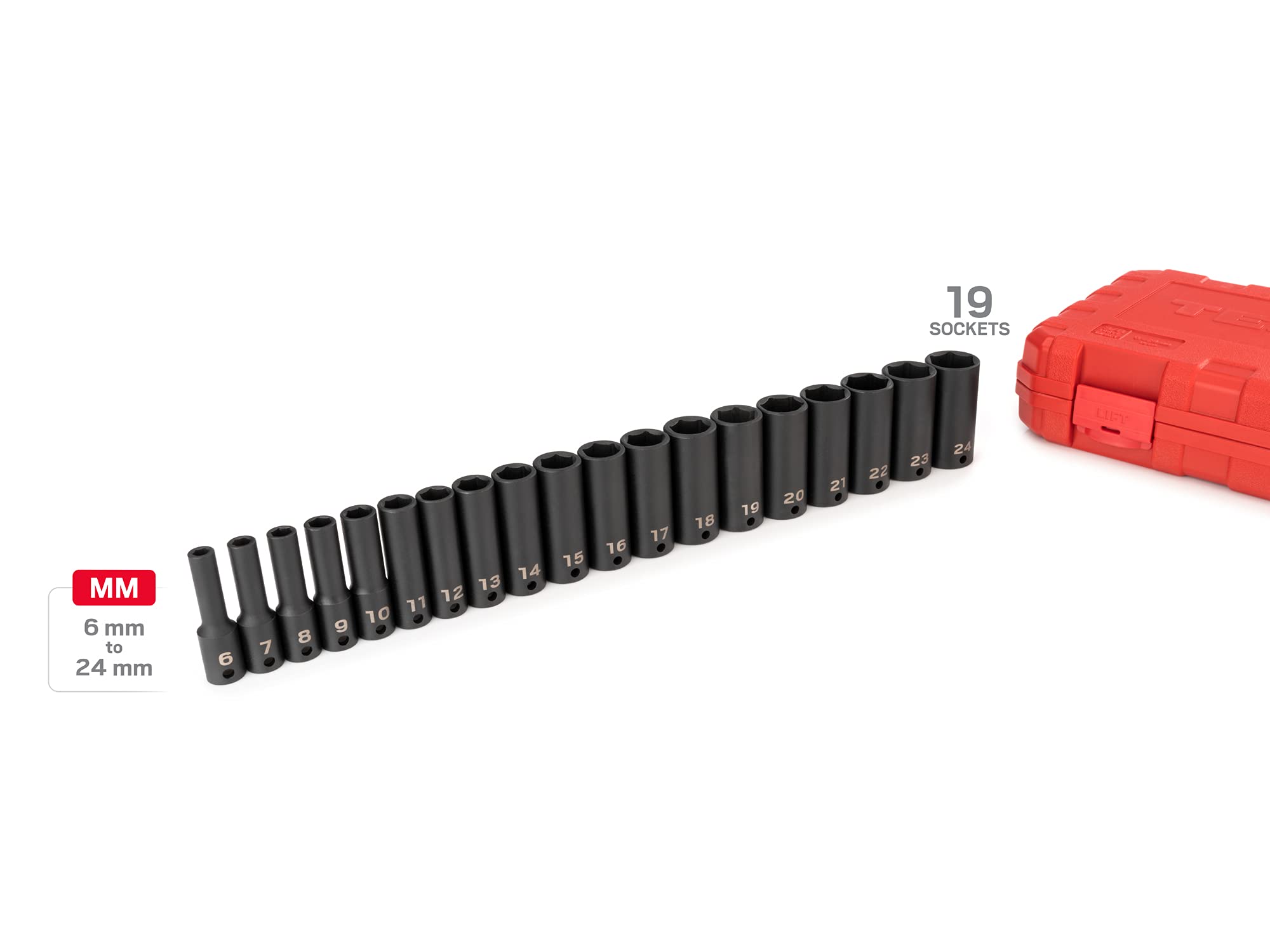 TEKTON Set di bussole a 6 punti profondi per attacco da 3/8", 19 pezzi (6-24 mm) - Custodia | SID91303