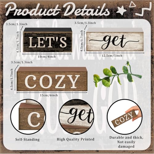 Image of Moucuny 4 Pcs Farmhouse Table Decor Inspirational Wooden Signs Rustic Eucalyptus Leaves Wooden Block Sign Gift Let's Get Cozy Farmhouse Table Centerpiece for Living Room Housewarming Gift