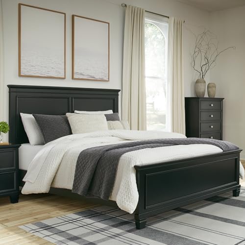 Image of Signature Design by Ashley Lanolee Black Queen Panel Bed Frame, Wood | Durable hardwood solids, Birch veneer and MDF substrate, Elegant transitional style, Suited for modern farmhouse spaces