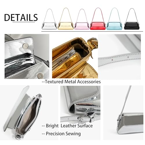 Image of Silver Bag Evening Clutch Bag Sparkly Satchel Patent Leather Y2K Handbag Crossbody Metallic Purses for Party.