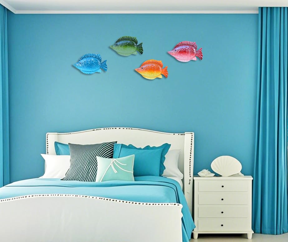 Coastal Ocean Sea Metal Fish Hanging Wall Art Decor for Living Room Bedroom Bathroom Guest Room Pool Wall Decor set of 4