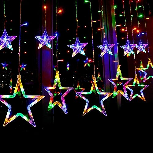Image of URM Star Curtain Light | 6 Big Star 6 Small Star Light | with 8 Flashing Modes | 12 Stars | Warm White | for Indoor & Outdoor Decorations (Multicolor, Pack of 1)