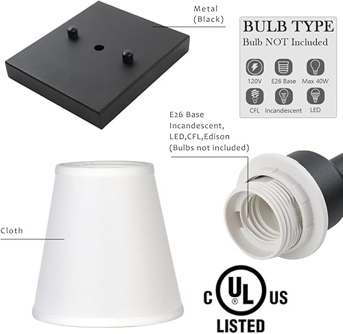 Miniatura 5 de Pathson Juego de 2 apliques de pared de baño con pantalla de tela blanca, iluminación de tela para sala de estar, dormitorio, pasillo, base de