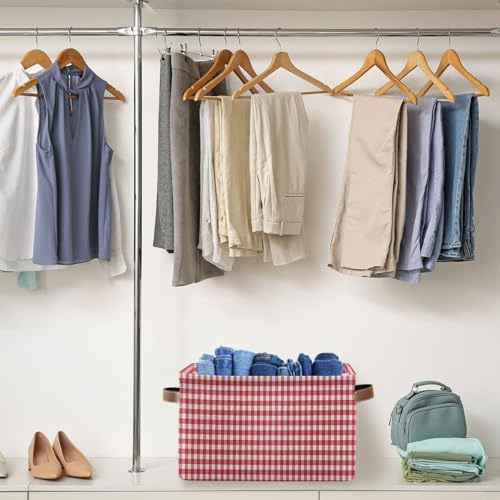 Image of Kigai Red White Gingham Storage Basket with Handles Waterproof Collapsible Storage Bin Canvas Fabric Basket Decorative Box Closet Organizer for Nursery Bedroom Office