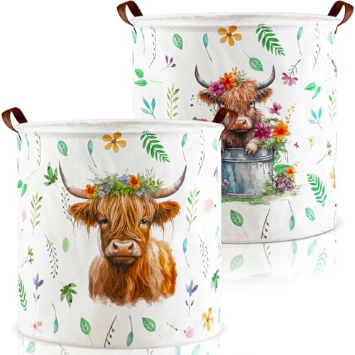 Image of Barydat 2 Pcs Highland Cow Storage Basket Laundry Basket 17.3'' x 16.5'' Collapsible Waterproof Laundry Hamper Nursery Toys Clothes Storage Basket Bin Floral Farm Animal Holder Organizer for Bathroom