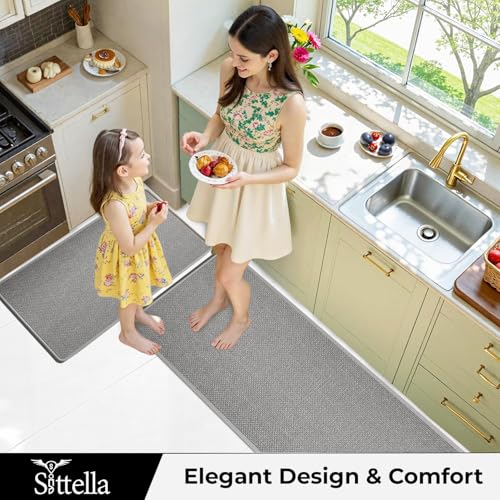 Image of SITTELLA Kitchen Mats for Floor (Set of 2) | Premium Jute Kitchen Carpet with Anti-Slip Back | Absorbent & Easy Clean | Grey | 130x50 cm & 70x50 cm
