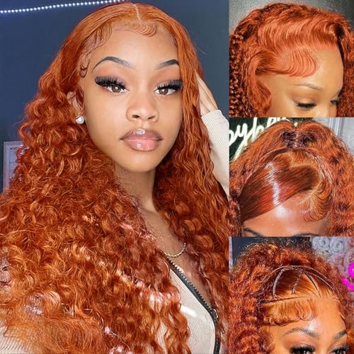 Image of SOEZ 20 Inch Ginger Wig Human Hair 13x4 HD Transparent Deep Wave Lace Front Wigs Human Hair 350 Orange Wet Wavy Curly Wig Human Hair Pre Plucked 180% Density Copper Water Wave Wig