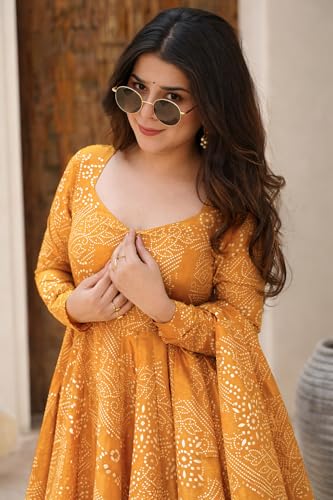 Image of Pinkmint Women's Bandhani Print Flared Anarkali Muslin Kurta Set with Pant & Stylish Dupatta Ethnic Long Sleeve Dress Suit Set|Regular Fit