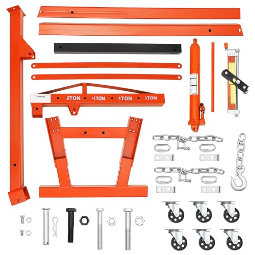 Image of GarveeTech 2-Ton Folding Engine Hoist Cherry Picker 4400 Lb Capacity Hydraulic Shop Crane with Telescoping Boom 6 Caster Wheels for Automotive Repair Garage Use Includes Hitch and Storage Red